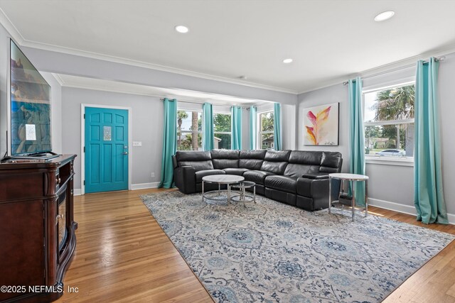 536 14th Ave N, Jacksonville Beach, FL 32250 - living area with crown molding, baseboards, light wood-type flooring, and recessed lighting