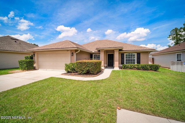 86045 Harrahs Pl, Yulee, FL 32097 - single story home with an attached garage, stucco siding, driveway, and a front lawn