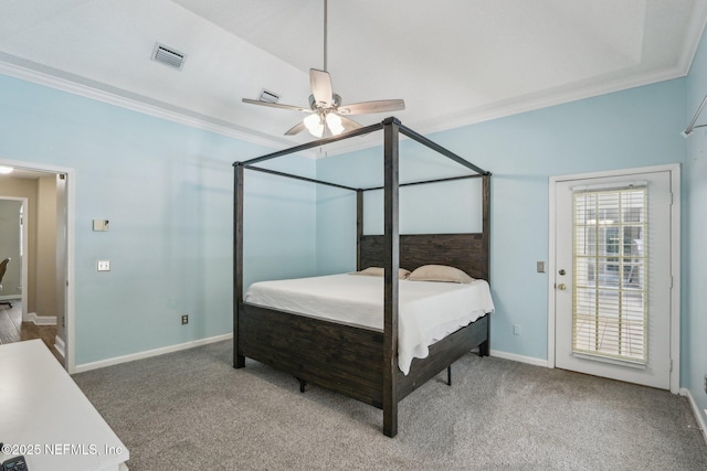 2478 Country Club Blvd, Orange Park, FL 32073 - carpeted bedroom with crown molding, baseboards, access to outside, and ceiling fan