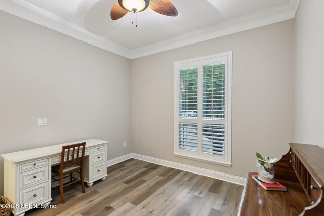182 Malley Cove Ln, Fleming Island, FL 32003 - unfurnished office with ornamental molding, ceiling fan, wood finished floors, and baseboards