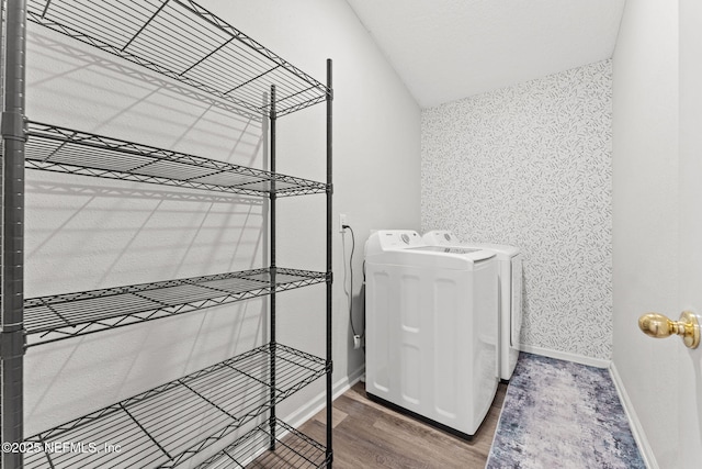 1578 Harvest Cove Dr, Middleburg, FL 32068 - laundry room with separate washer and dryer, wood finished floors, wallpapered walls, and baseboards