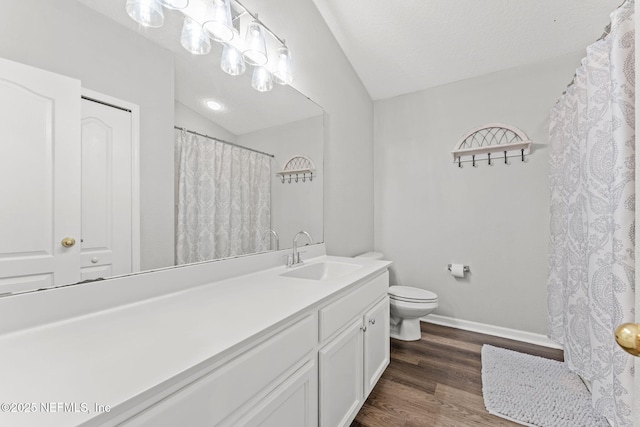 1578 Harvest Cove Dr, Middleburg, FL 32068 - bathroom featuring vaulted ceiling, vanity, toilet, wood finished floors, and baseboards