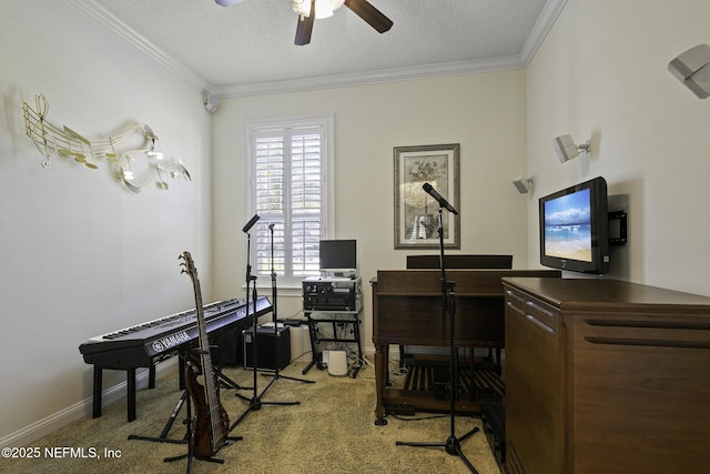 8135 Wekiva Way, Jacksonville, FL 32256 - office area featuring a ceiling fan, carpet, ornamental molding, a textured ceiling, and baseboards