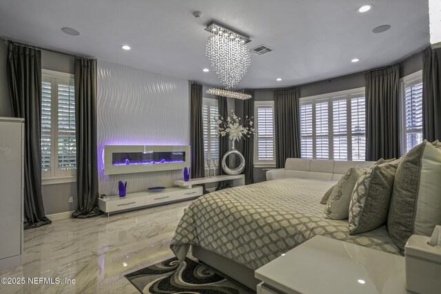 8135 Wekiva Way, Jacksonville, FL 32256 - bedroom with a chandelier, marble tiled flooring, multiple windows, and recessed lighting