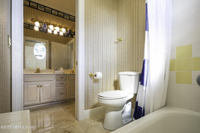 8135 Wekiva Way, Jacksonville, FL 32256 - full bathroom with vanity, toilet, wallpapered walls, marble finish floors, and baseboards