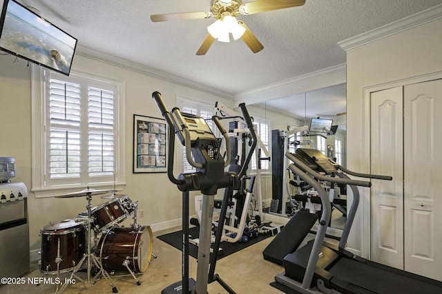 8135 Wekiva Way, Jacksonville, FL 32256 - exercise room featuring a textured ceiling, crown molding, baseboards, and ceiling fan