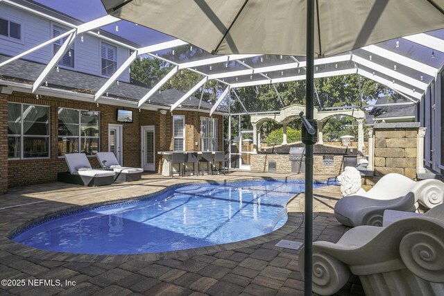 8135 Wekiva Way, Jacksonville, FL 32256 - swimming pool featuring a lanai, an outdoor kitchen, and a patio area