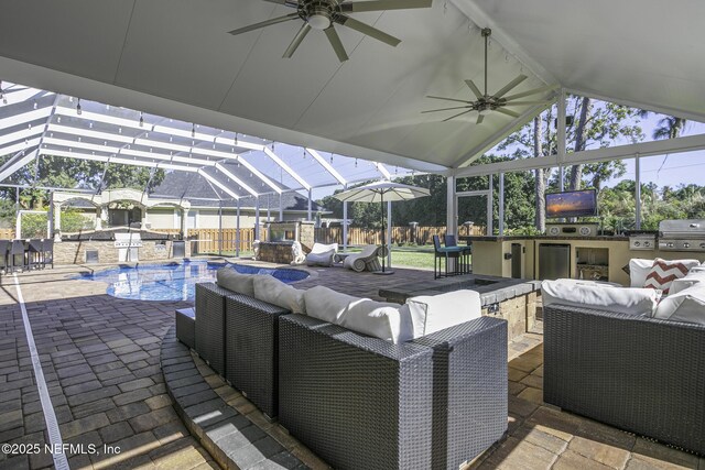 8135 Wekiva Way, Jacksonville, FL 32256 - view of patio / terrace featuring an outdoor hangout area, ceiling fan, and glass enclosure