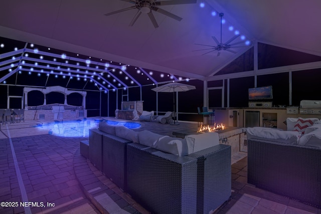 8135 Wekiva Way, Jacksonville, FL 32256 - view of patio / terrace with an outdoor living space with a fire pit, a ceiling fan, and an outdoor pool