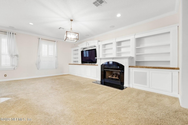 8135 Wekiva Way, Jacksonville, FL 32256 - unfurnished living room with carpet floors, crown molding, baseboards, a chandelier, and a high end fireplace