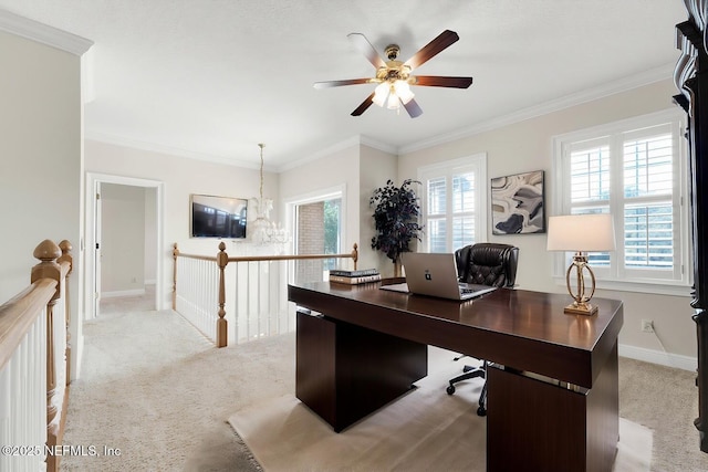 8135 Wekiva Way, Jacksonville, FL 32256 - home office with ceiling fan, plenty of natural light, carpet, ornamental molding, and baseboards