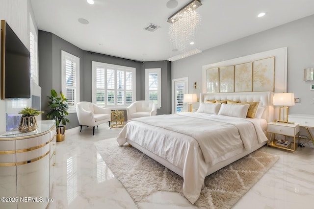 8135 Wekiva Way, Jacksonville, FL 32256 - bedroom with marble tiled floors, a chandelier, and recessed lighting