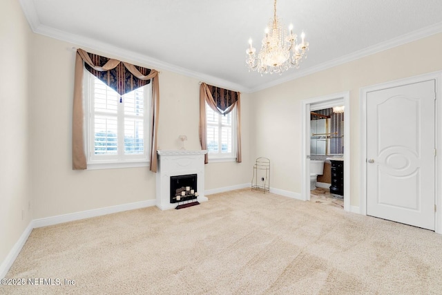 8135 Wekiva Way, Jacksonville, FL 32256 - unfurnished living room featuring a chandelier, ornamental molding, carpet floors, baseboards, and a fireplace