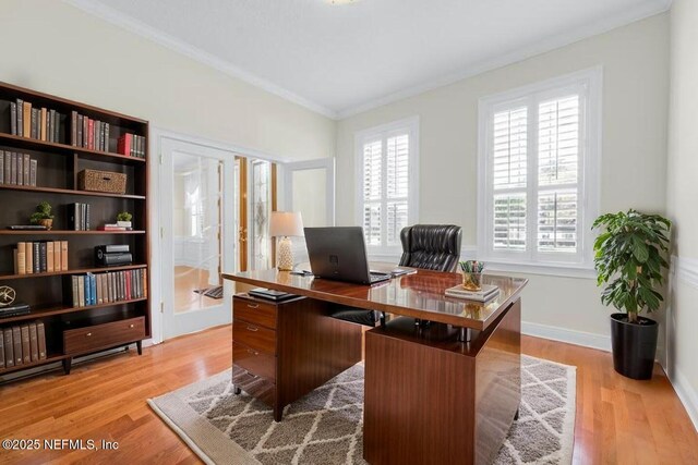 8135 Wekiva Way, Jacksonville, FL 32256 - office featuring crown molding, light wood-style flooring, and baseboards
