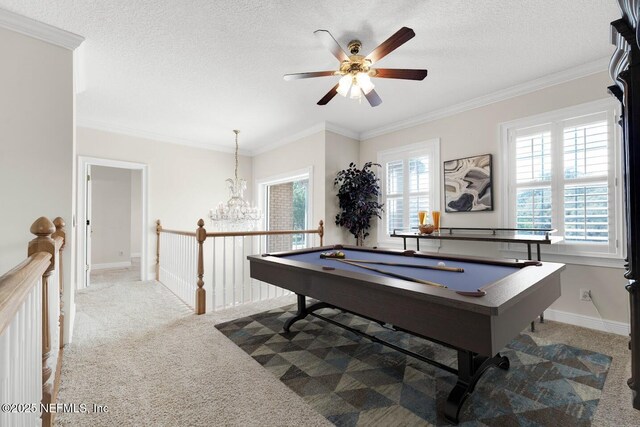 8135 Wekiva Way, Jacksonville, FL 32256 - recreation room with carpet flooring, a chandelier, a textured ceiling, ceiling fan, and crown molding