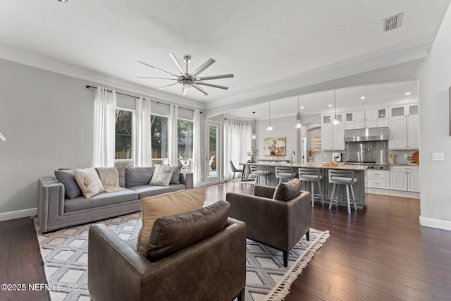 1612 Inkberry Ln, Saint Johns, FL 32259 - living room featuring crown molding, a ceiling fan, dark wood-style flooring, and a textured ceiling