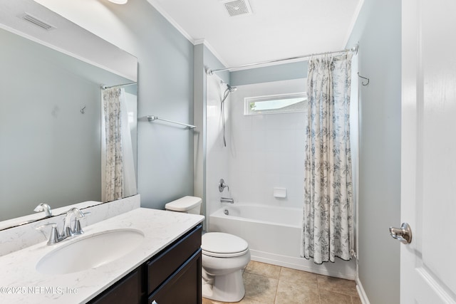 11521 Dunforth Cove Dr, Jacksonville, FL 32218 - bathroom featuring toilet, vanity, shower / tub combo, tile patterned floors, and crown molding