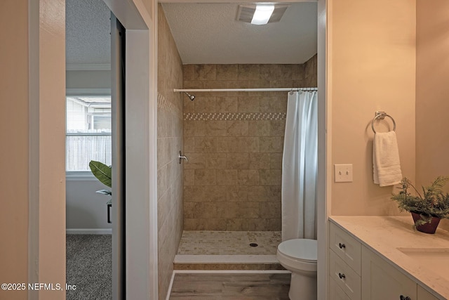 1798 Shannon Lake Dr, Middleburg, FL 32068 - bathroom with toilet, tiled shower, vanity, a textured ceiling, and wood finished floors