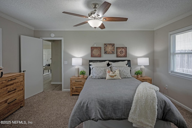 1798 Shannon Lake Dr, Middleburg, FL 32068 - bedroom with crown molding, carpet floors, a textured ceiling, ceiling fan, and baseboards