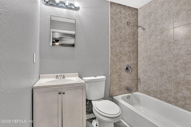 9118 Devonshire Blvd, Jacksonville, FL 32208 - bathroom featuring toilet, a textured wall, vanity,  shower combination, and a ceiling fan