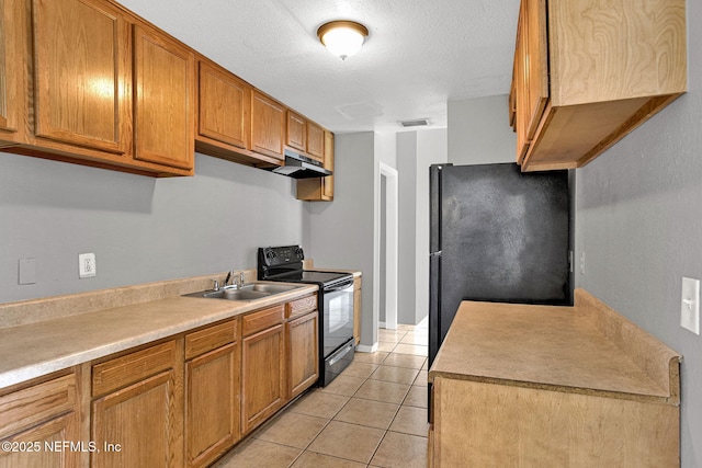 9118 Devonshire Blvd, Jacksonville, FL 32208 - kitchen with black appliances, a sink, under cabinet range hood, brown cabinets, and a textured ceiling