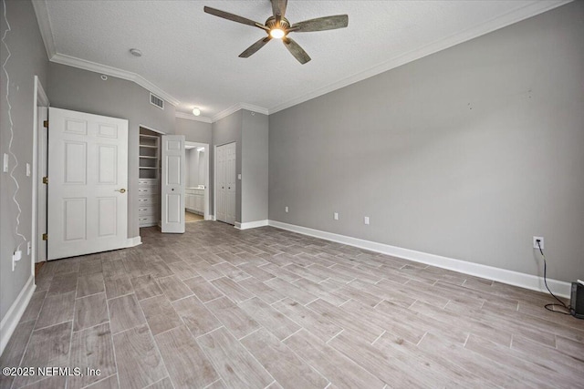 215 S Ocean Grande Dr Unit 105, Ponte Vedra Beach, FL 32082 - unfurnished bedroom featuring ornamental molding, a textured ceiling, baseboards, light wood finished floors, and ceiling fan