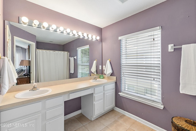 7542 Red Crane Ln, Jacksonville, FL 32256 - full bathroom featuring double vanity, tile patterned floors, and a shower with curtain
