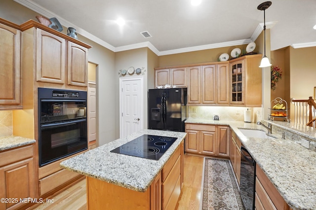 501 Greenbriar Rd, Saint Johns, FL 32259 - kitchen with black appliances, a sink, light wood finished floors, light stone counters, and crown molding