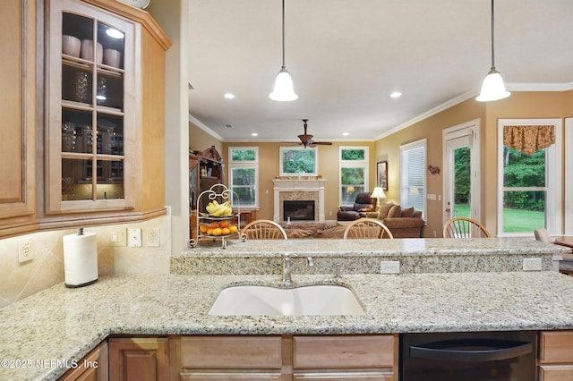 501 Greenbriar Rd, Saint Johns, FL 32259 - kitchen featuring ceiling fan, a sink, a fireplace, backsplash, and crown molding