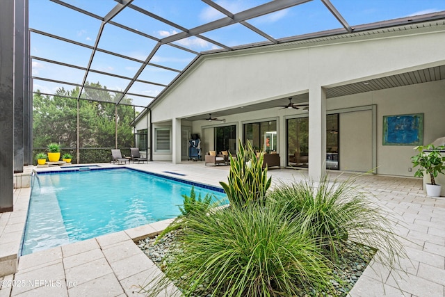 295 Sophia Ter, Saint Augustine, FL 32095 - outdoor pool featuring a ceiling fan, a jacuzzi, a patio area, an outdoor hangout area, and a lanai