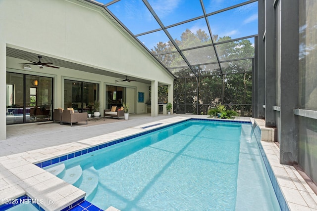 295 Sophia Ter, Saint Augustine, FL 32095 - swimming pool featuring ceiling fan, an outdoor living space, a patio area, and a lanai
