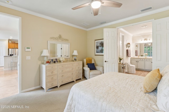 14 Marsh Hollow Rd, Ponte Vedra, FL 32081 - bedroom with ornamental molding, baseboards, stainless steel refrigerator with ice dispenser, ensuite bath, and ceiling fan