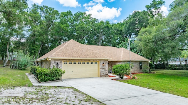 2270 Wilmhurst Rd, Deland, FL 32720 - ranch-style house with a garage, brick siding, driveway, a front yard, and roof with shingles