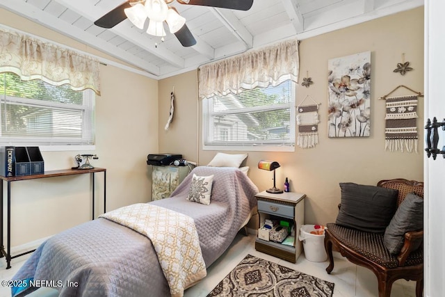 1810 Griflet Rd, Jacksonville, FL 32211 - bedroom with multiple windows, wooden ceiling with exposed beams, and a ceiling fan