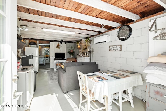 1810 Griflet Rd, Jacksonville, FL 32211 - dining space featuring a wall mounted AC, finished concrete floors, wooden ceiling with exposed beams, and concrete block wall