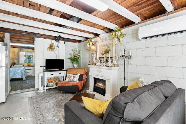 1810 Griflet Rd, Jacksonville, FL 32211 - living area with finished concrete flooring, a wall mounted AC, concrete block wall, a lit fireplace, and wood ceiling with exposed beams