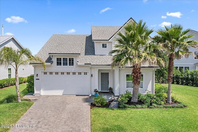 436 Marsh Cove Dr, Ponte Vedra Beach, FL 32082 - view of front facade featuring decorative driveway, a front lawn, a garage, and a shingled roof
