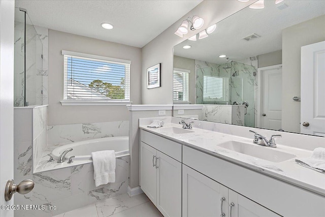 436 Marsh Cove Dr, Ponte Vedra Beach, FL 32082 - full bathroom with a bath, a marble finish shower, marble finish floors, double vanity, and recessed lighting