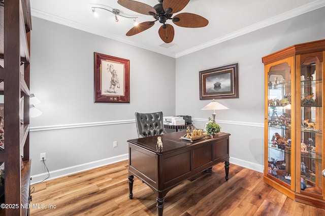 143 Istoria Dr, Saint Augustine, FL 32095 - office featuring a ceiling fan, wood finished floors, crown molding, and baseboards