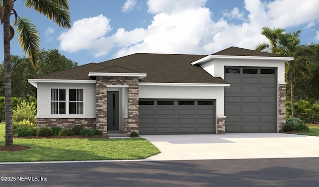 9275 Players Dr, Weeki Wachee, FL 34613 - view of front of property featuring stucco siding, stone siding, a garage, driveway, and roof with shingles