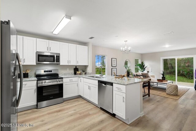 889 Aiken St, Saint Augustine, FL 32084 - kitchen featuring stainless steel appliances, a sink, a peninsula, white cabinetry, and a chandelier