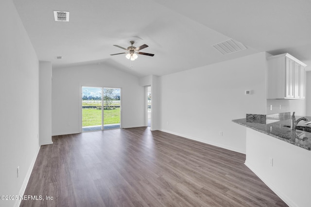 37132 Whippoorwill Ct, Hilliard, FL 32046 - unfurnished living room featuring a ceiling fan, dark wood-style floors, lofted ceiling, a sink, and baseboards