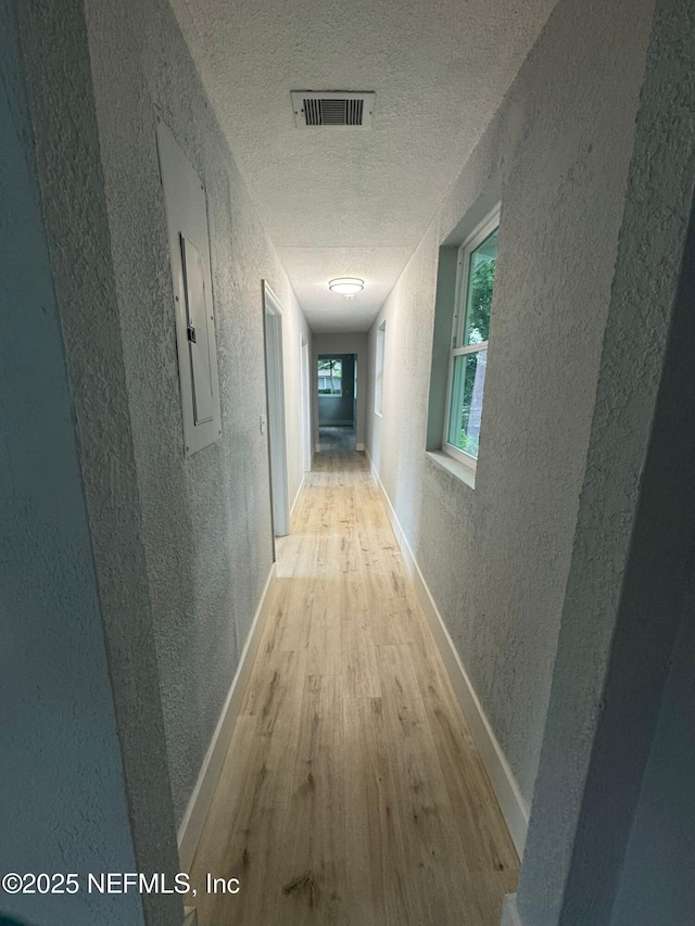 1413 W 21st St, Jacksonville, FL 32209 - hall featuring a textured wall, a textured ceiling, wood finished floors, and baseboards