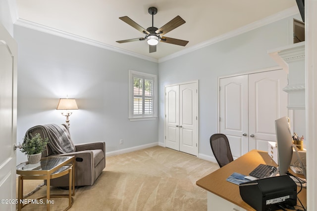 2435 Den St, Saint Augustine, FL 32092 - office space featuring a ceiling fan, crown molding, light carpet, and baseboards
