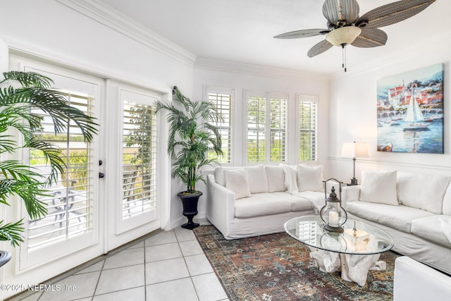 2315 Vista Cove Rd, Saint Augustine, FL 32084 - living area featuring light tile patterned flooring, ornamental molding, and ceiling fan