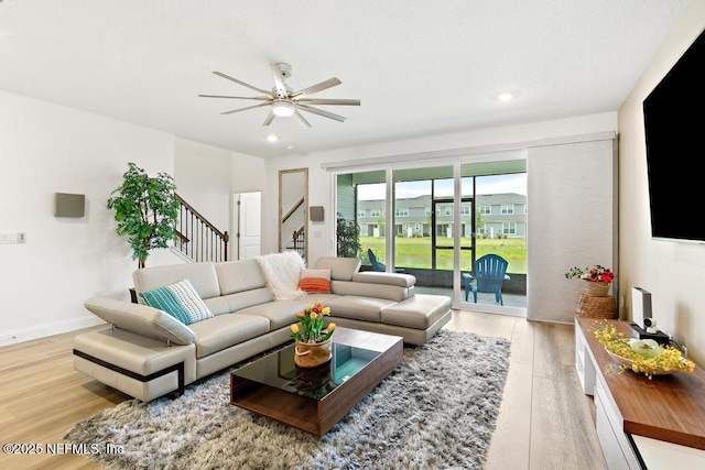 217 Silver Myrtle Ct, Saint Augustine, FL 32092 - living room featuring light wood-style floors, stairs, a ceiling fan, and recessed lighting