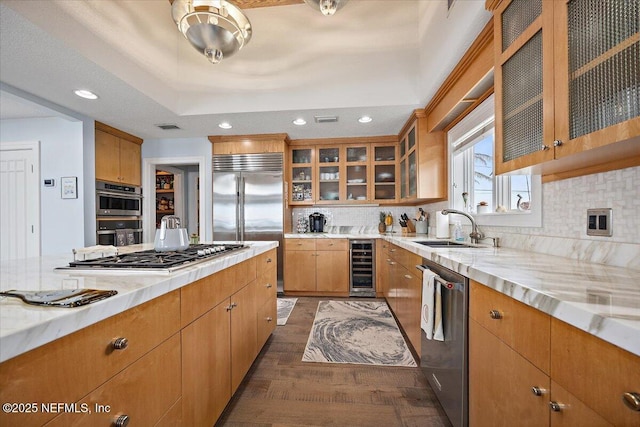 2943 S Ponte Vedra Blvd, Ponte Vedra Beach, FL 32082 - kitchen featuring beverage cooler, appliances with stainless steel finishes, a sink, tasteful backsplash, and recessed lighting