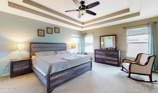 12237 Woodview Dr, Jacksonville, FL 32246 - bedroom featuring light carpet, a tray ceiling, multiple windows, and baseboards