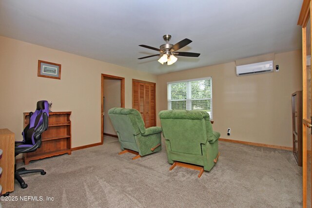 426 Harvest Bend Dr, Fleming Island, FL 32003 - living room featuring an AC wall unit, ceiling fan, carpet flooring, a desk, and baseboards