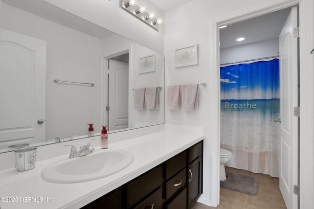 1090 Wetland Ridge Cir, Middleburg, FL 32068 - bathroom with toilet, vanity, curtained shower, tile patterned flooring, and recessed lighting